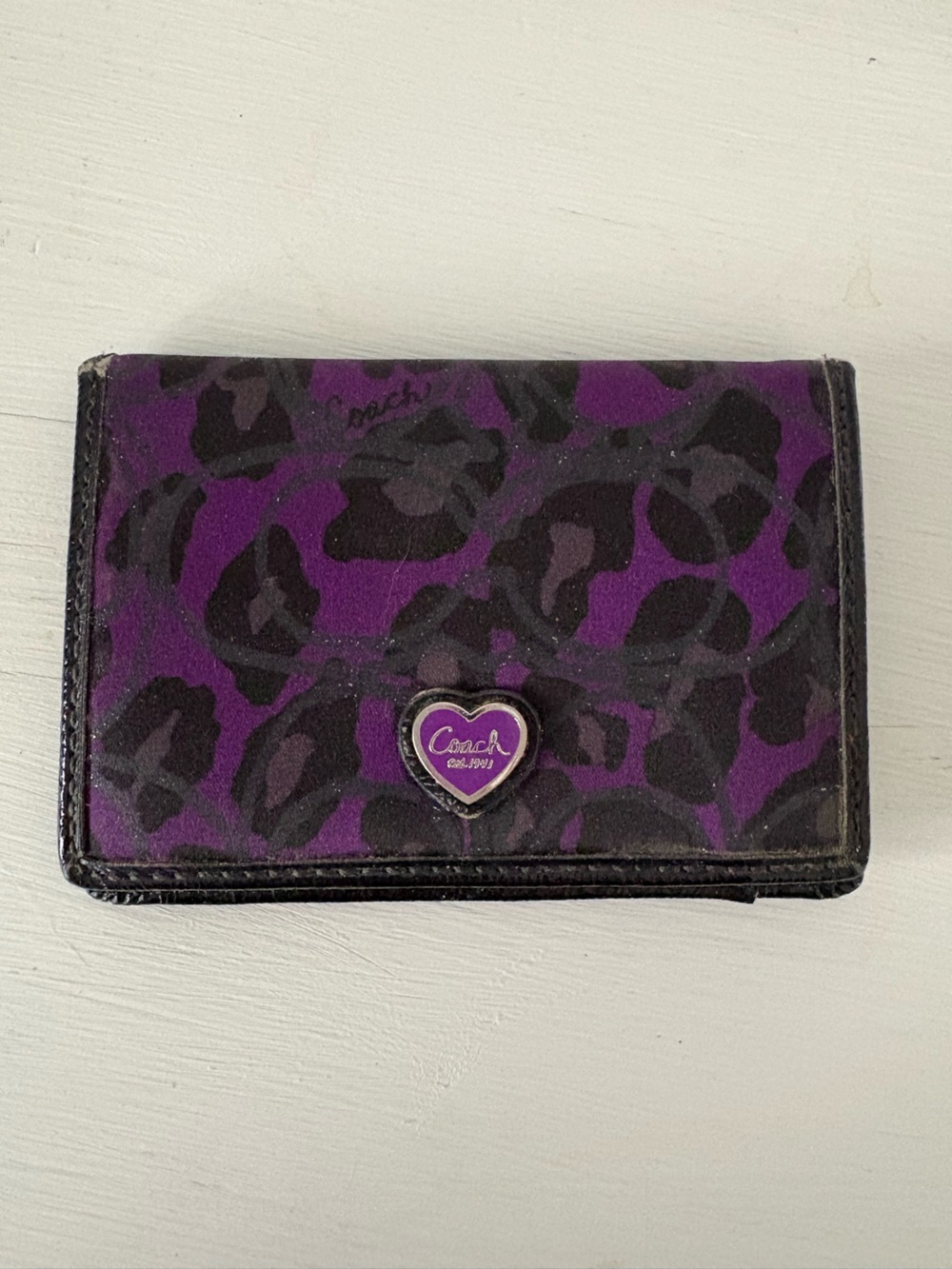 Coach Poppy Ocelot purple Leopard Card Case with Heart Logo